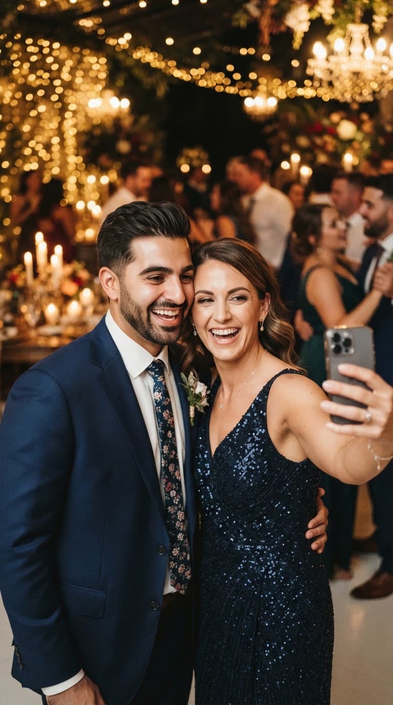 A couple laughing at a wedding reception