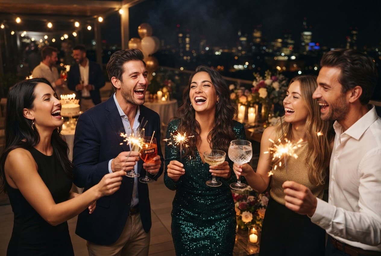 Friends celebrating with sparklers at a birthday party